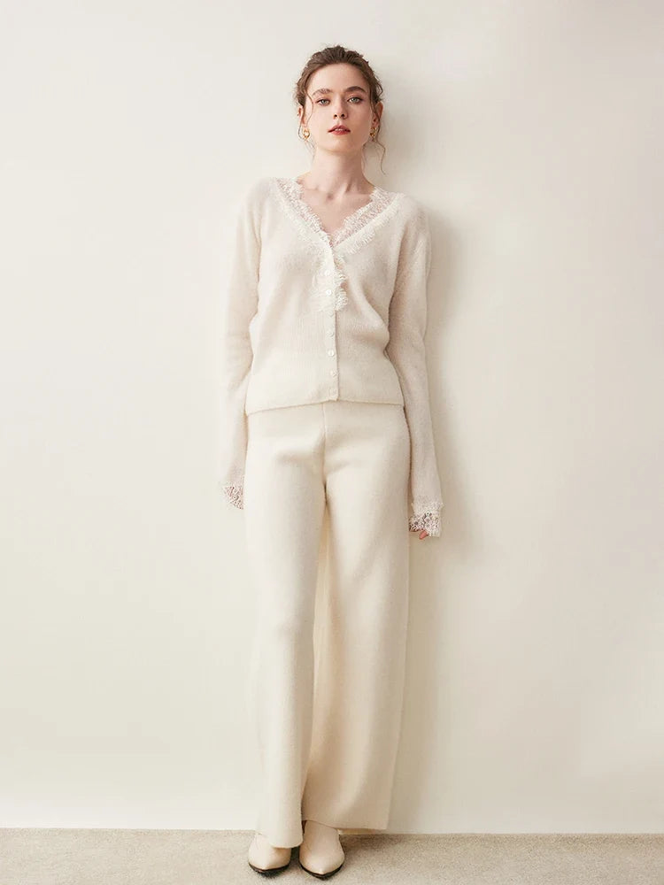 Cashmere Cardigan with Lace-Trim Detail and Relaxed Knit Fit in Khaki