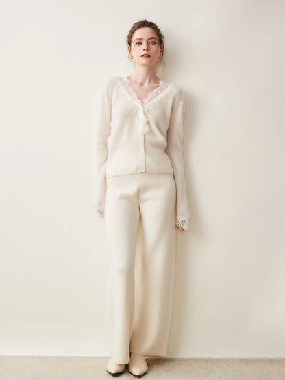 Cashmere Cardigan with Lace-Trim Detail and Relaxed Knit Fit in Khaki
