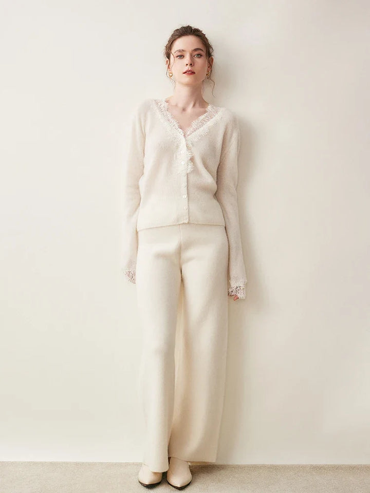 Cashmere Cardigan with Lace-Trim Detail and Relaxed Knit Fit in Khaki