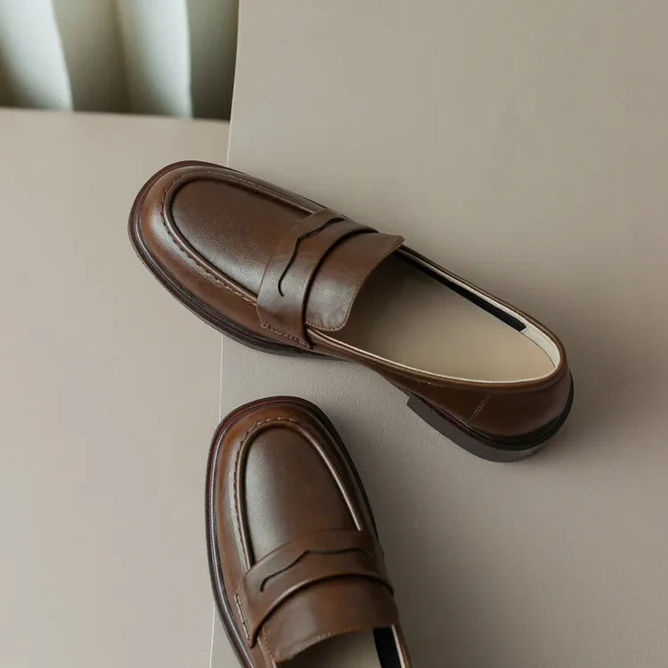 Round Toe Leather Loafers with Cushioned Support and Stacked Heel in Olive