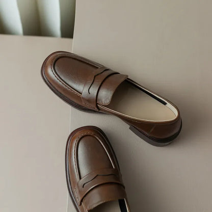 Round Toe Leather Loafers with Cushioned Support and Stacked Heel in Olive