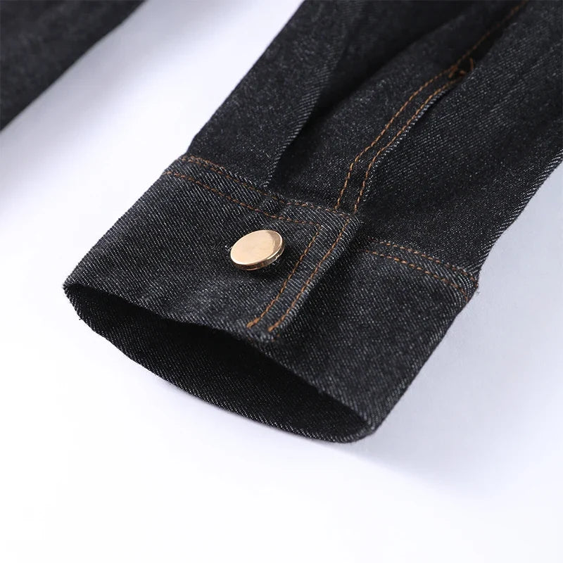 Denim Two-Piece Set with Tailored Button Jacket, Wide-Leg Pants, and Gold Hardware