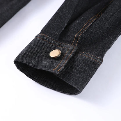 Denim Two-Piece Set with Tailored Button Jacket, Wide-Leg Pants, and Gold Hardware