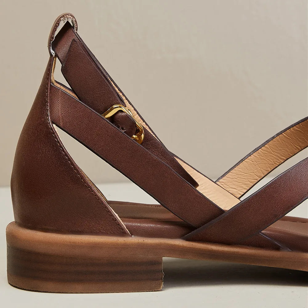 Leather Ankle-Strap Sandals with Cushioned Supportive Insoles and Secure Buckle Closure, Brown
