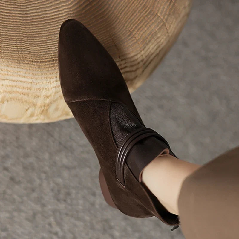 Suede Ankle Boots with Pointed Toe, Side Zip and Low Heel, Women's Vivienne