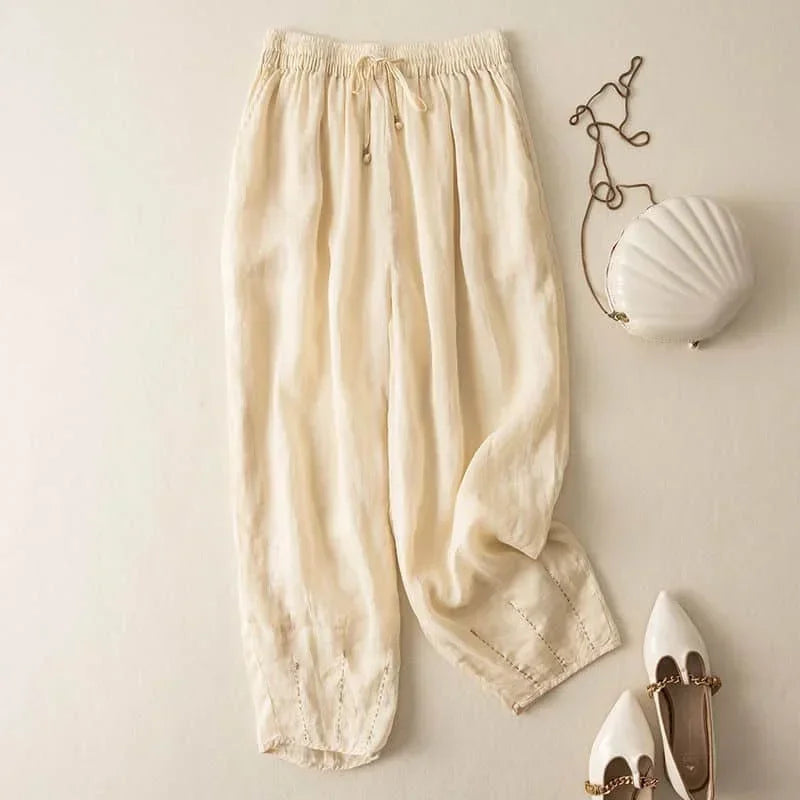 Linen Pants with Elastic Drawstring Waist and Billowed Leg Silhouette in Khaki Cotton-Linen Blend