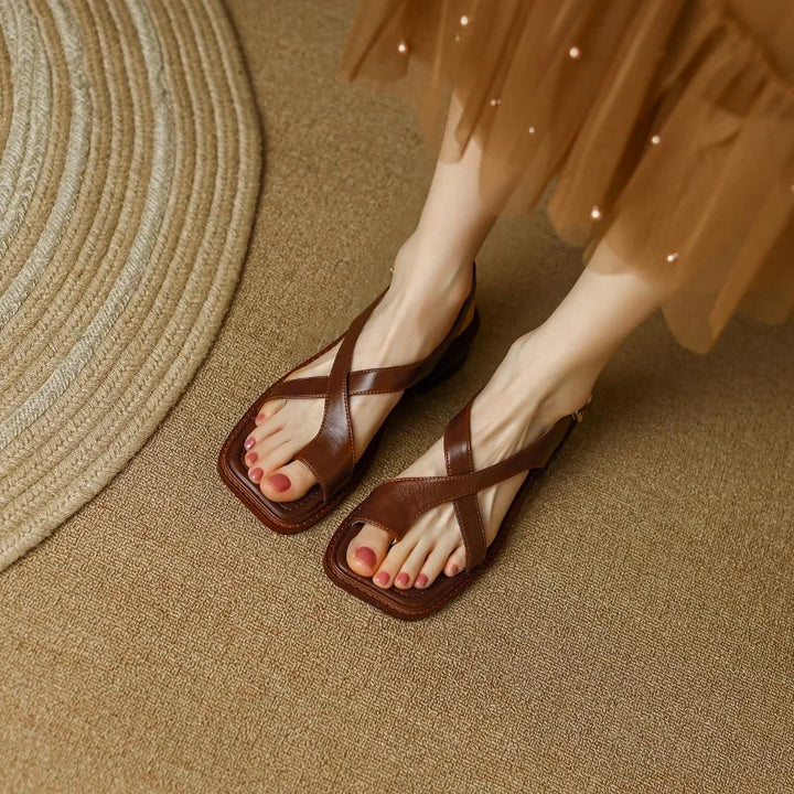 Leather Cross-Strap Sandals with Cushioned Footbed and Low Heel, Women's