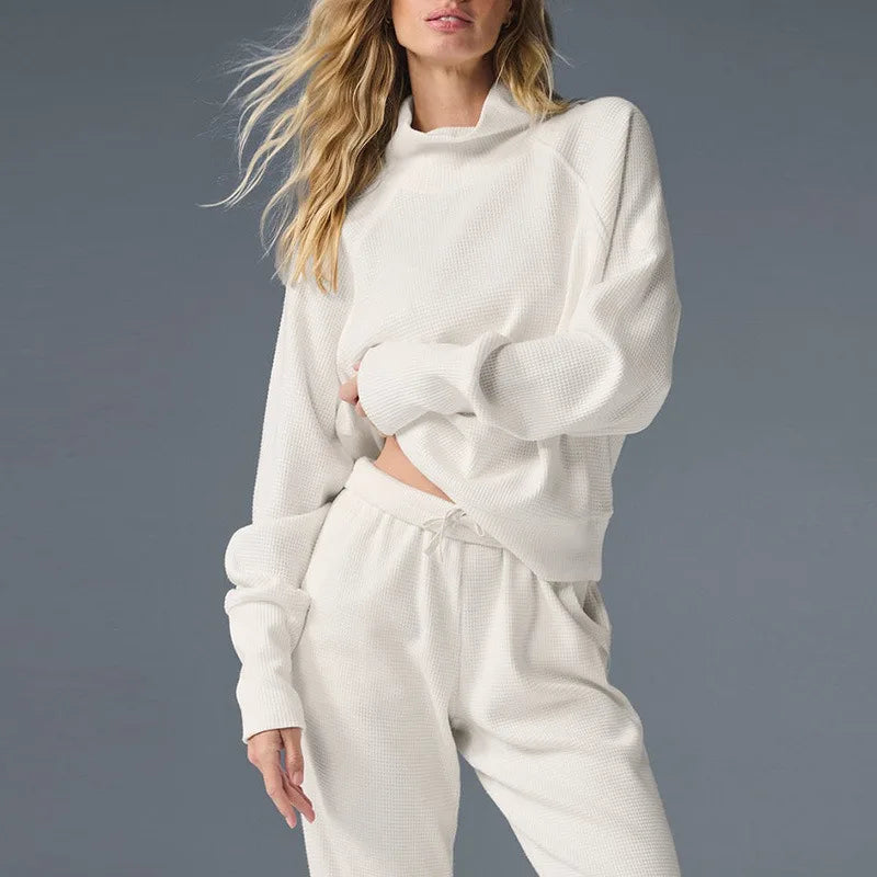 Waffle Knit Loungewear Set for Women, Soft Cotton Blend Top and Pants in White