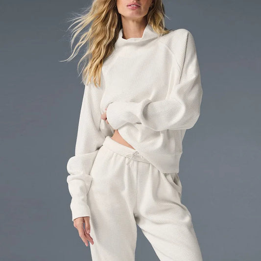 Waffle Knit Loungewear Set for Women, Soft Cotton Blend Top and Pants in White