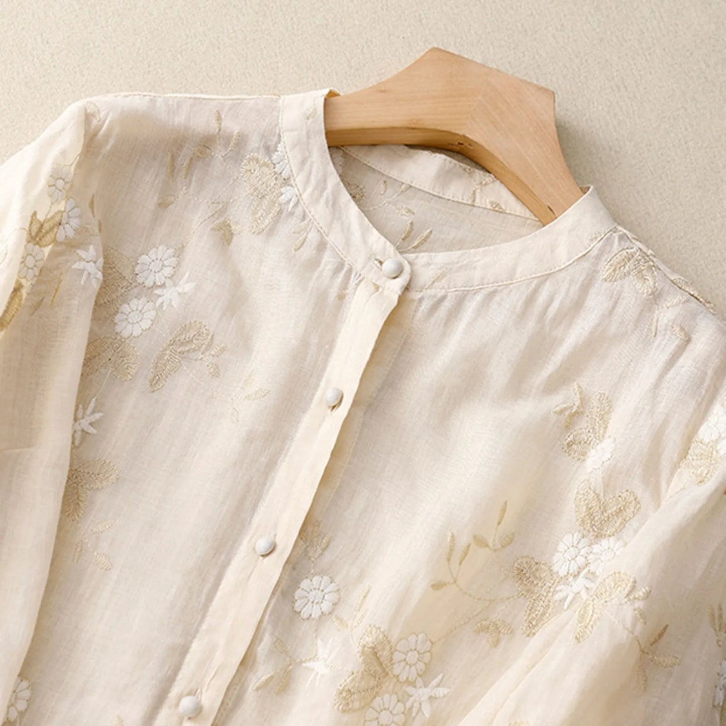 Cotton Blouse with Sheer Double Cuffs and Botanical Embroidery, Flowing Vintage-Inspired Fit