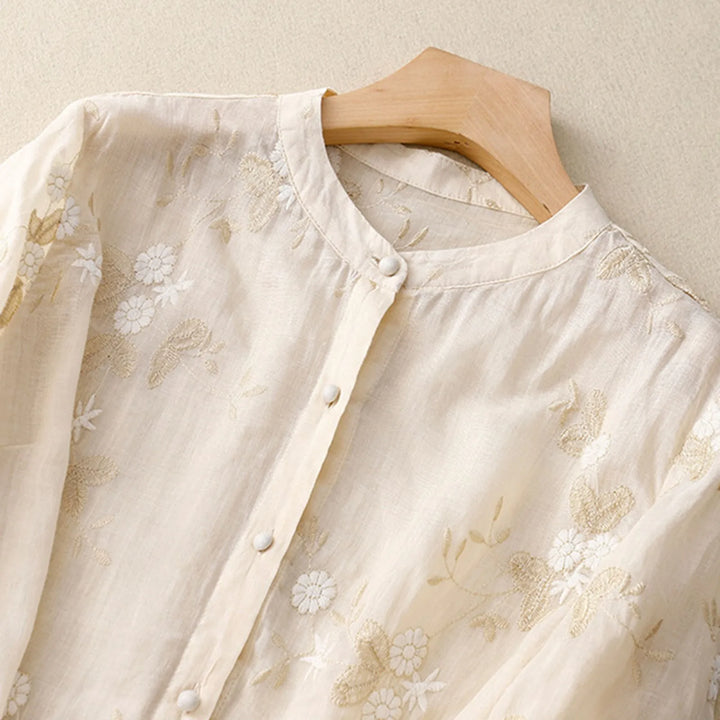 Cotton Blouse with Sheer Double Cuffs and Botanical Embroidery, Flowing Vintage-Inspired Fit