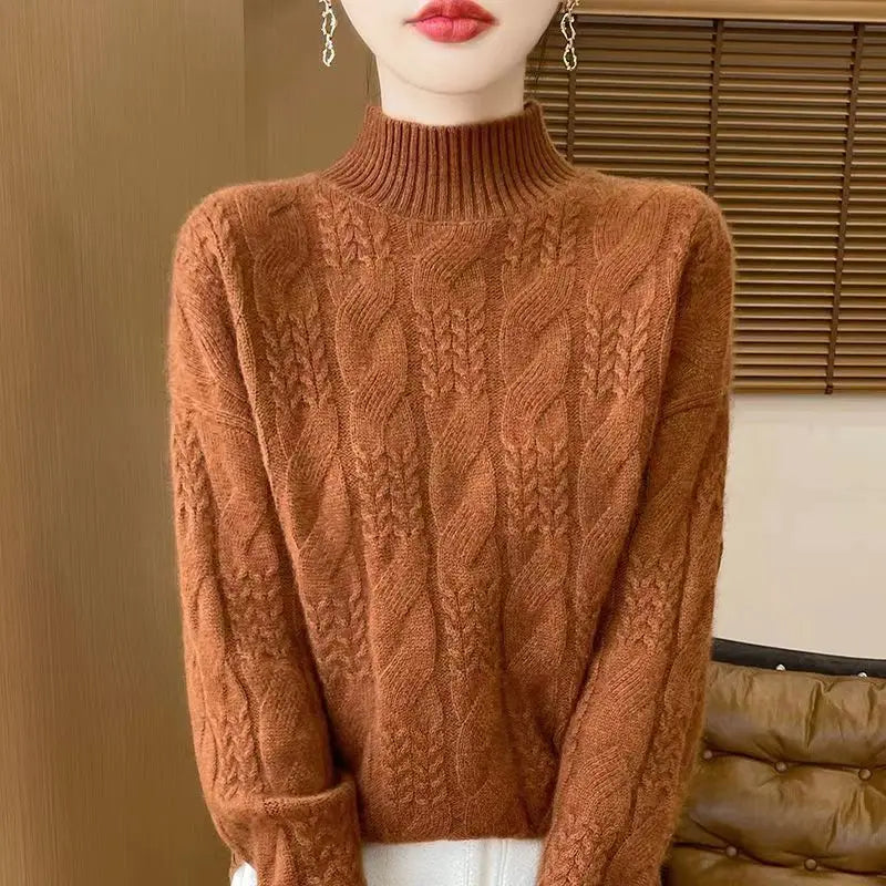 Cable Knit Sweater with Cashmere Blend Yarn and Half-High Collar in Fire Orange