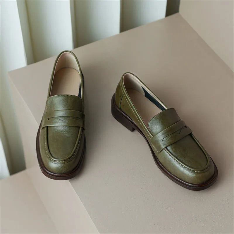 Round Toe Leather Loafers with Cushioned Support and Stacked Heel in Olive
