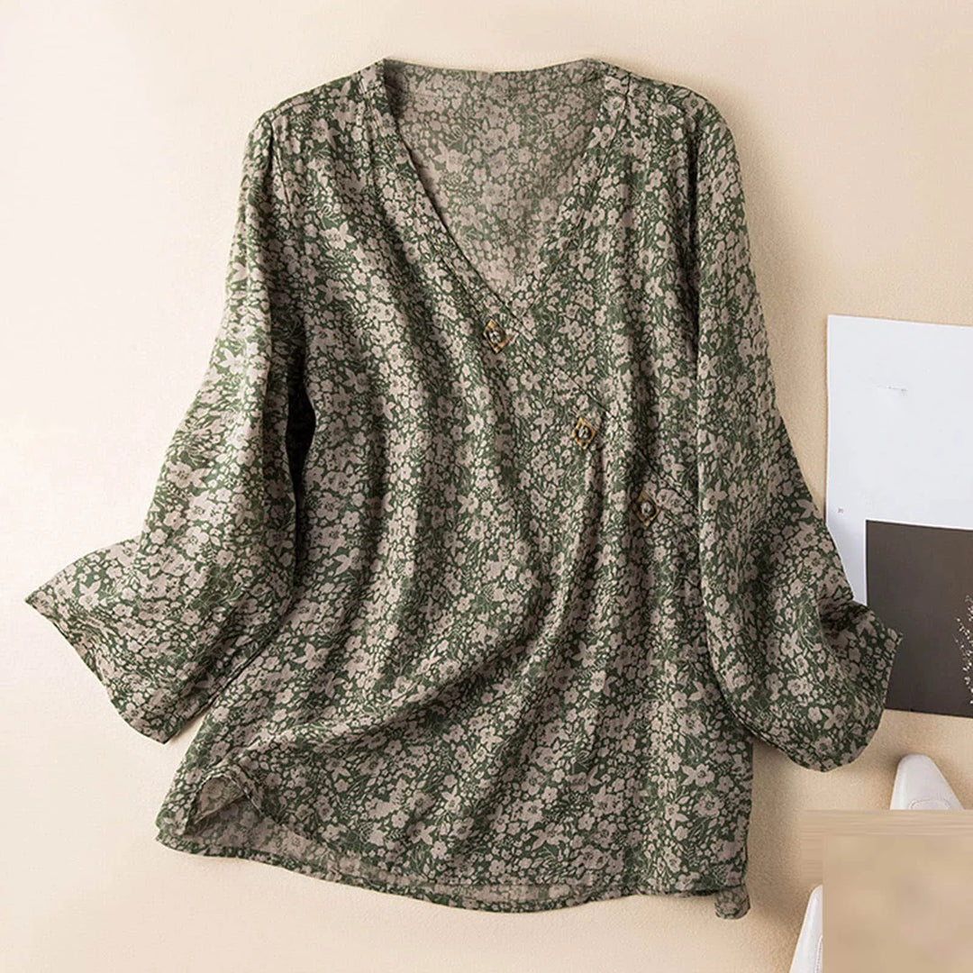 Crosswrap Linen Blend Blouse with Asymmetrical Wrap Design and Relaxed Long Sleeves in Blue