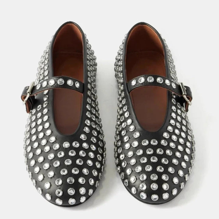 Mary Jane Flats with Crystal-Studded Leather Upper and Adjustable Ankle Strap