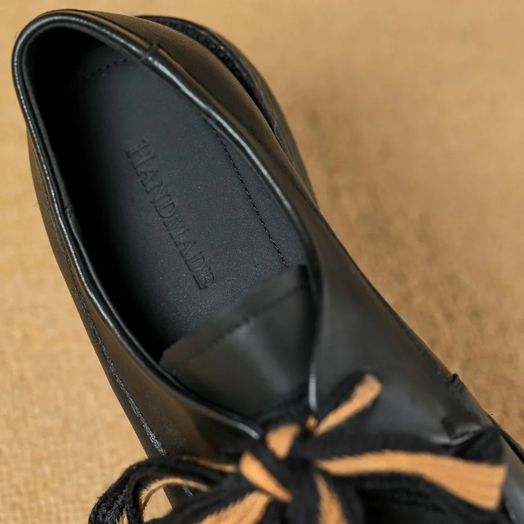 Two-Tone Leather Loafers with Woven Lace Detail and Cushioned Comfort Sole