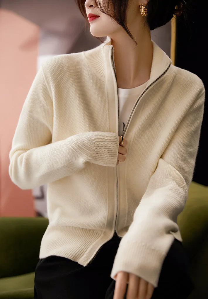 Merino Wool Zip Cardigan with Standing Collar, Double-Zip Closure and Ribbed Knit Texture