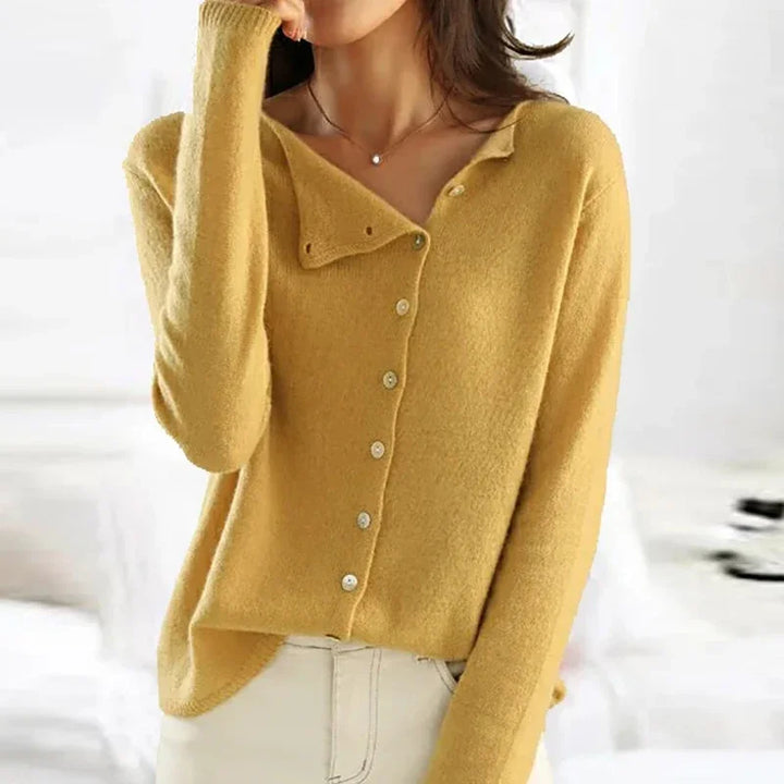 Asymmetric Button Sweater in Khaki Soft Knit with Off-Center Placket Detail and Long Sleeves