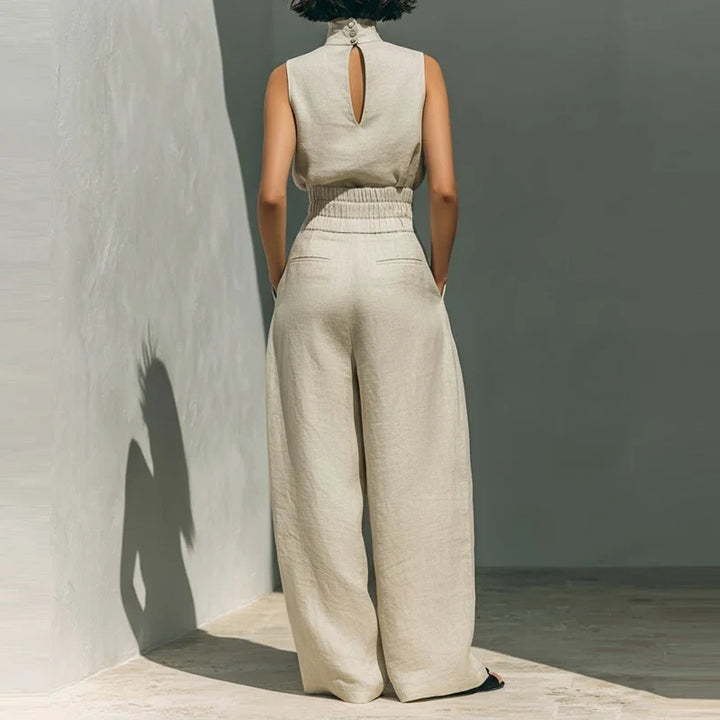 Linen-Cotton Blend Two-Piece Set with Wide-Leg Pants and Mock Turtleneck, High-Rise Relaxed Fit