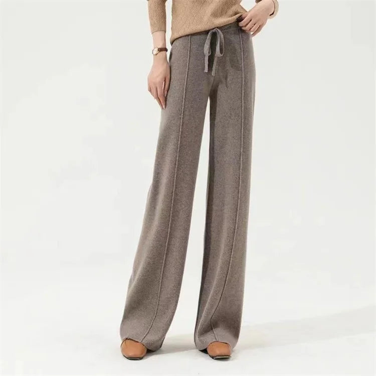 Wide-Leg Merino Wool Trousers with High-Waist Elastic Drawstring Waistband