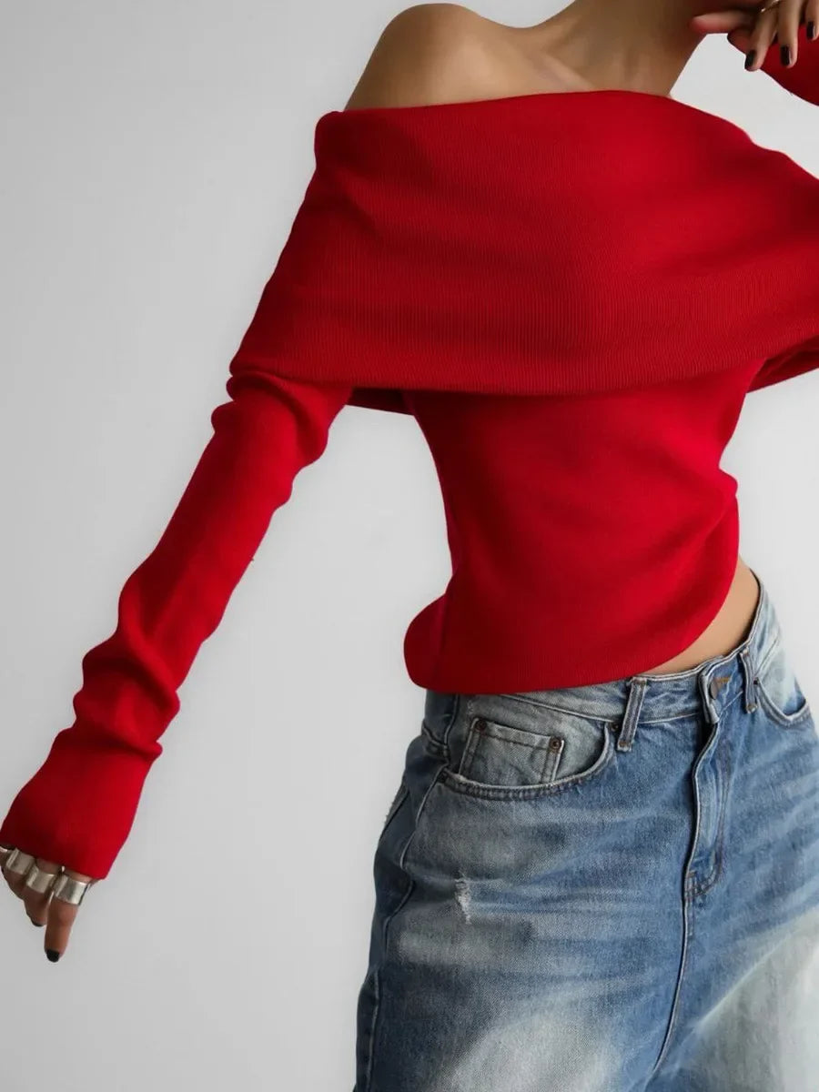 Off-Shoulder Sweater Top with Hand-Knitted Texture and Slim, Body-Skimming Fit