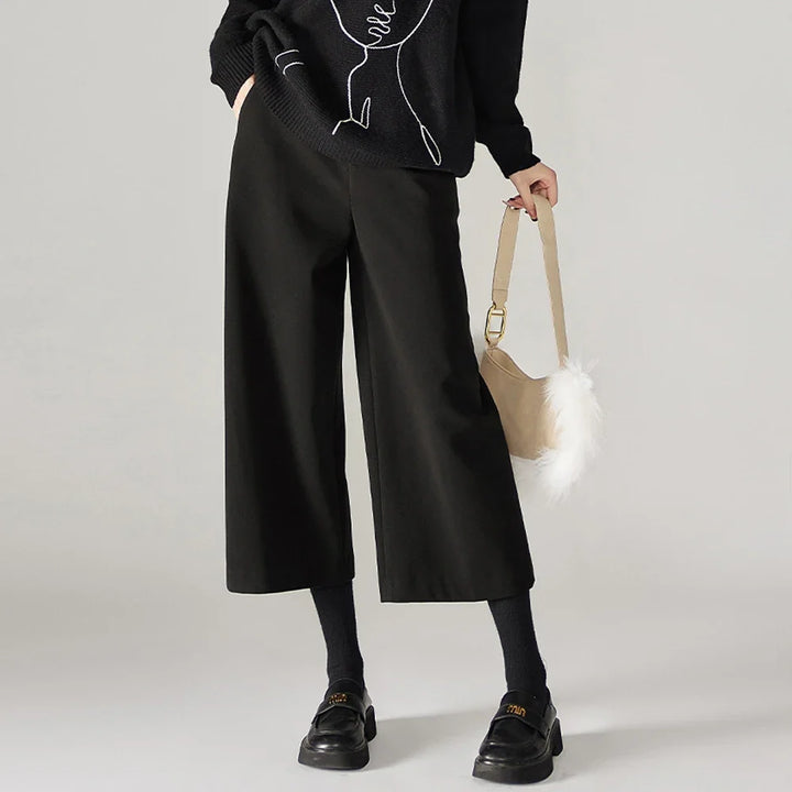 Wide Leg Wool Blend Pants with High-Waist Elastic Design and Ankle-Length Fit
