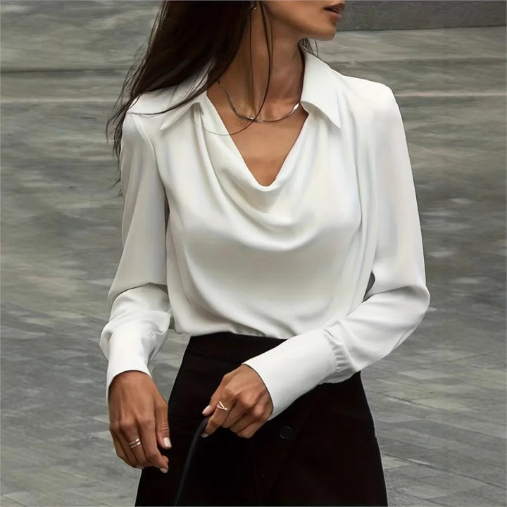 Long Sleeve Blouse with Draped Cowl Neckline, Silk-Blend Satin Finish and Button Cuffs