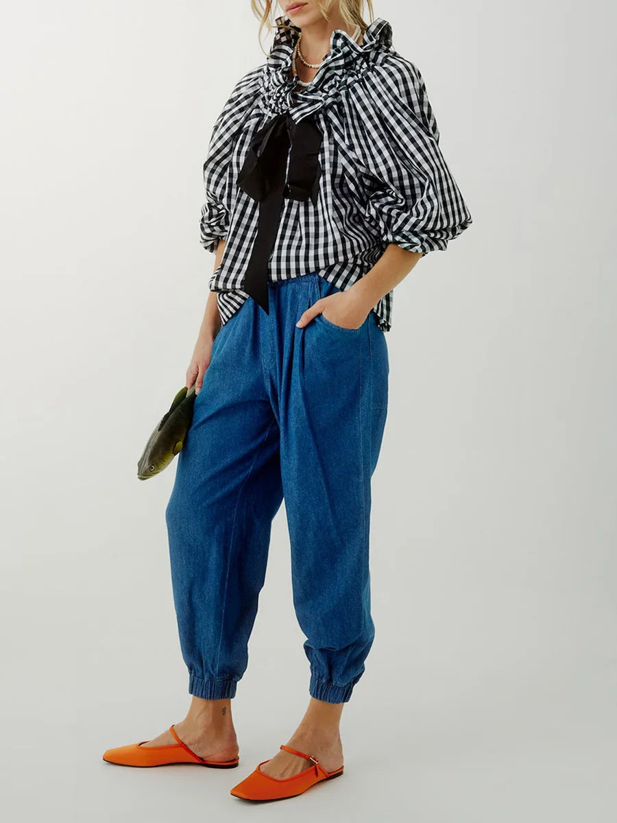 Ruffled Collar Blouse with Oversized Bow Tie and Lantern Sleeves, Checkered Print