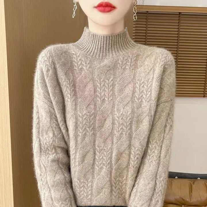 Cable Knit Sweater with Cashmere Blend Yarn and Half-High Collar in Fire Orange