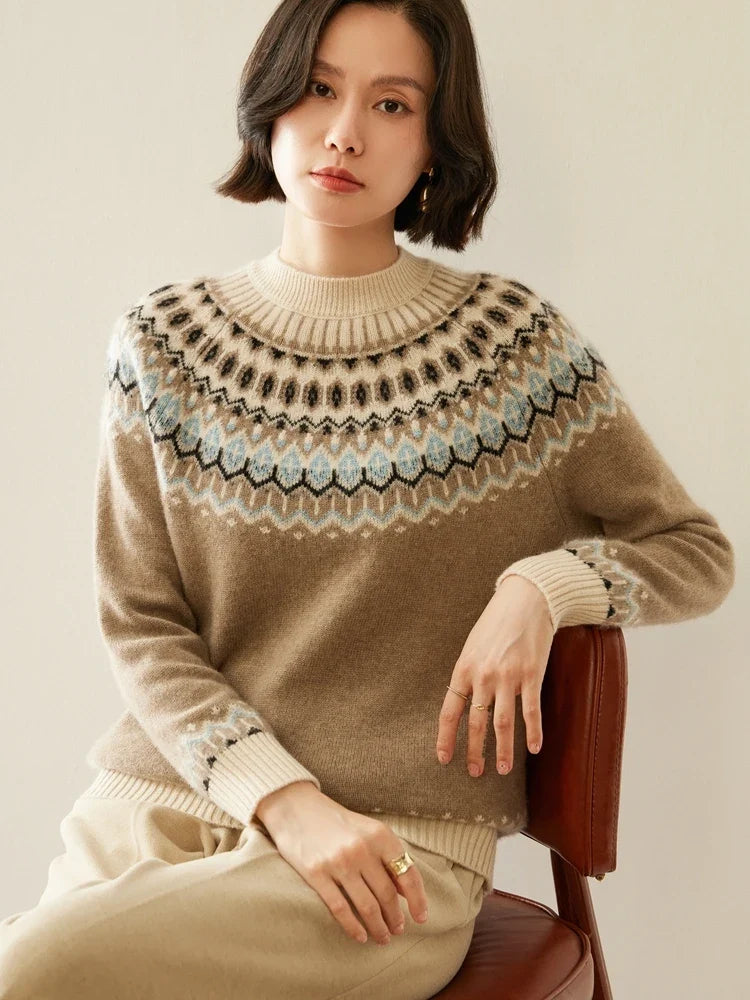 Fair Isle Jacquard Mock Neck Sweater in Cashmere-Soft Knit, Camel Colorway