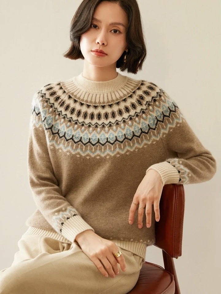 Fair Isle Jacquard Mock Neck Sweater in Cashmere-Soft Knit, Camel Colorway