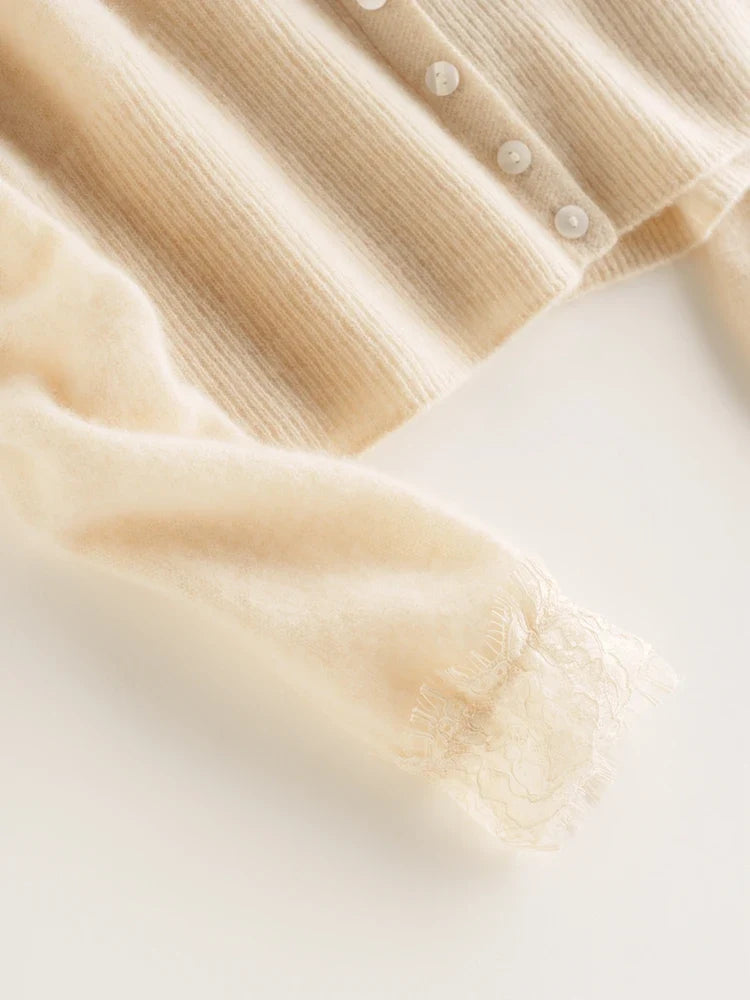 Cashmere Cardigan with Lace-Trim Detail and Relaxed Knit Fit in Khaki