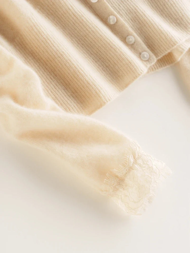 Cashmere Cardigan with Lace-Trim Detail and Relaxed Knit Fit in Khaki