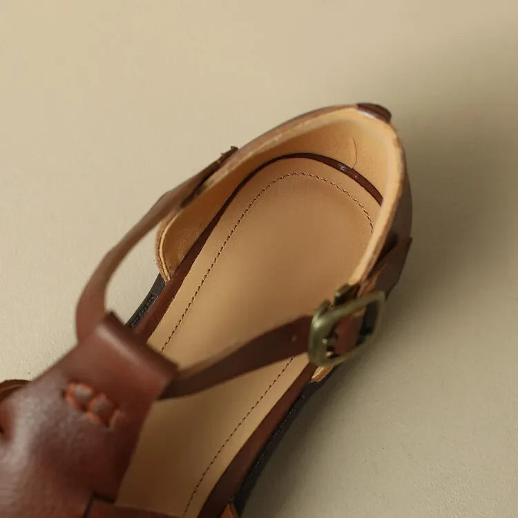 Handwoven Leather Sandals with Adjustable T-Strap Buckle and Low Stacked Heel