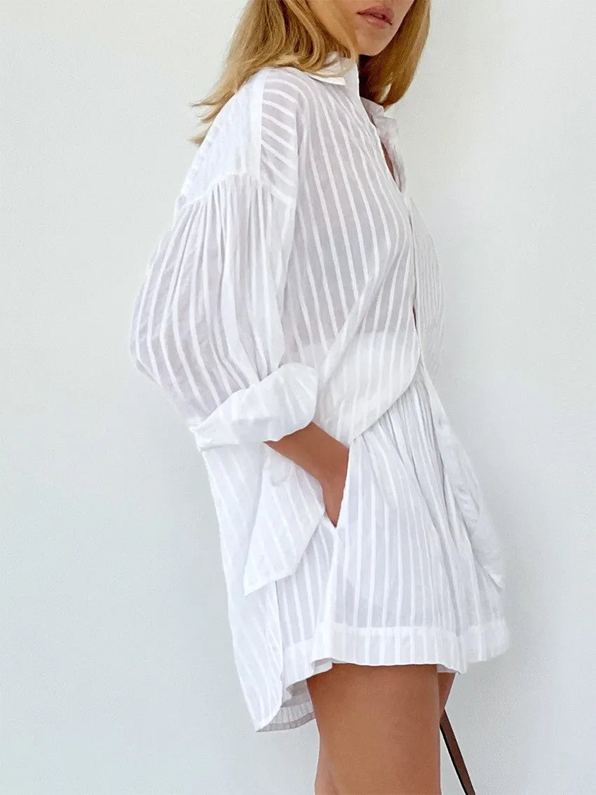 Button-Down Shirt and Shorts Set with Relaxed Oversized Fit in Lightweight Cotton-Blend Fabric