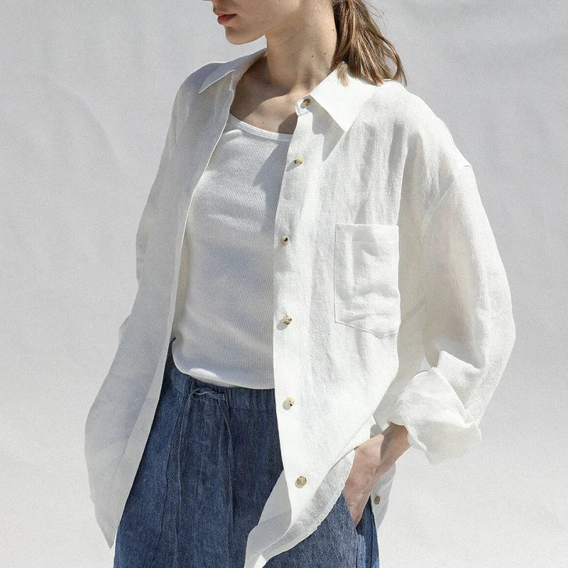 Linen Blouse in Oversized Fit with Turn-Down Collar, 100% Linen Long Sleeve Top for Women