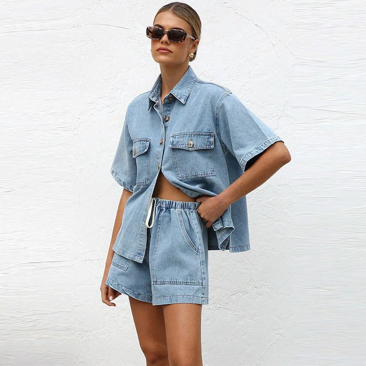 Button-Down Shirt and Drawstring Shorts 2-Piece Denim Set in Organic Cotton Blend with Elastic Waist