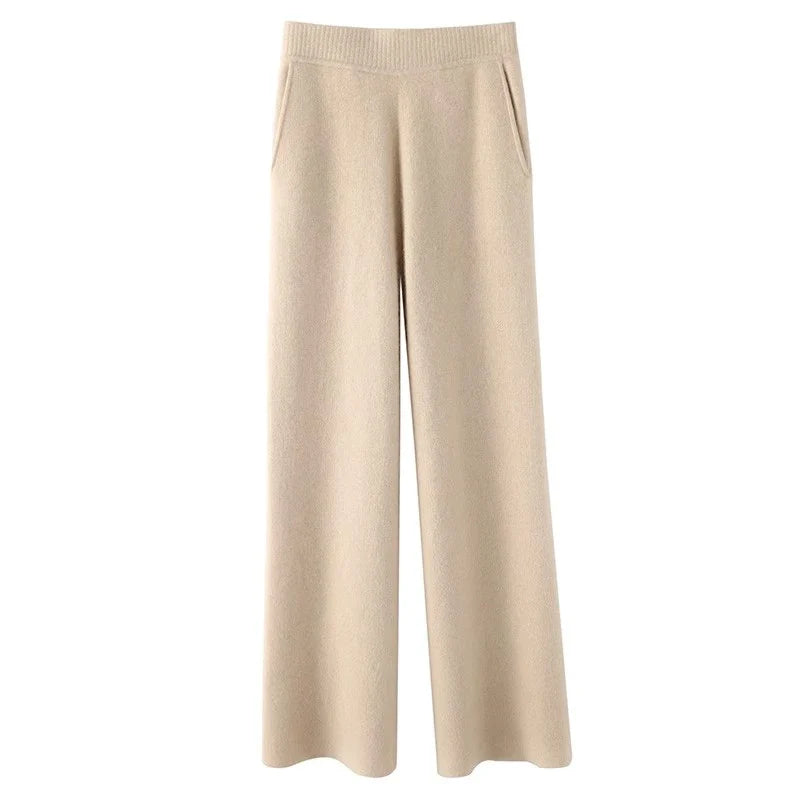 Sweatpants, High-Waist Wide-Leg Style in Soft Cashmere Blend Fabric with Elastic Waist