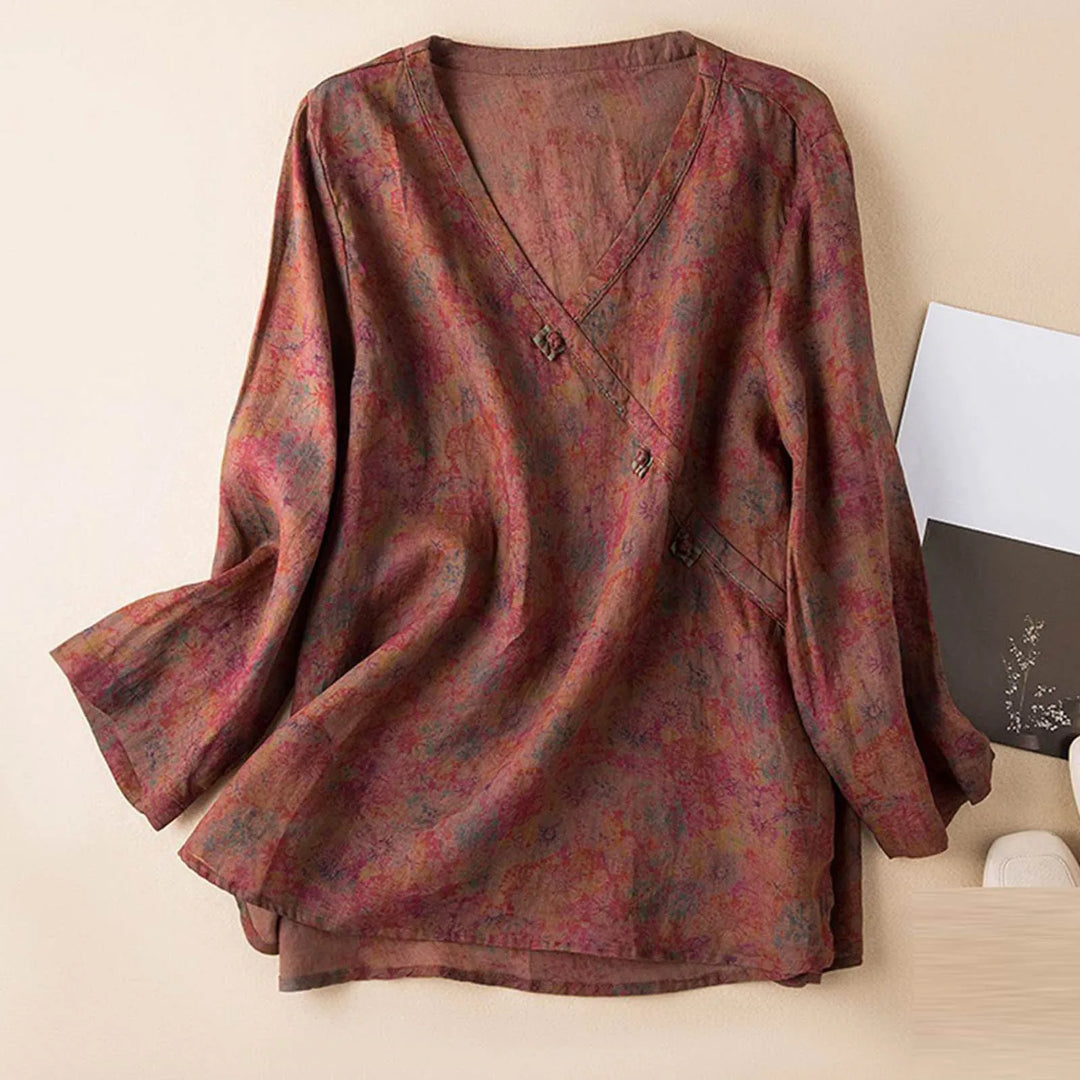 Crosswrap Linen Blend Blouse with Asymmetrical Wrap Design and Relaxed Long Sleeves in Blue