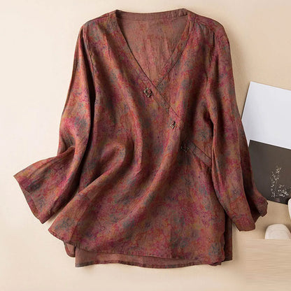 Crosswrap Linen Blend Blouse with Asymmetrical Wrap Design and Relaxed Long Sleeves in Blue
