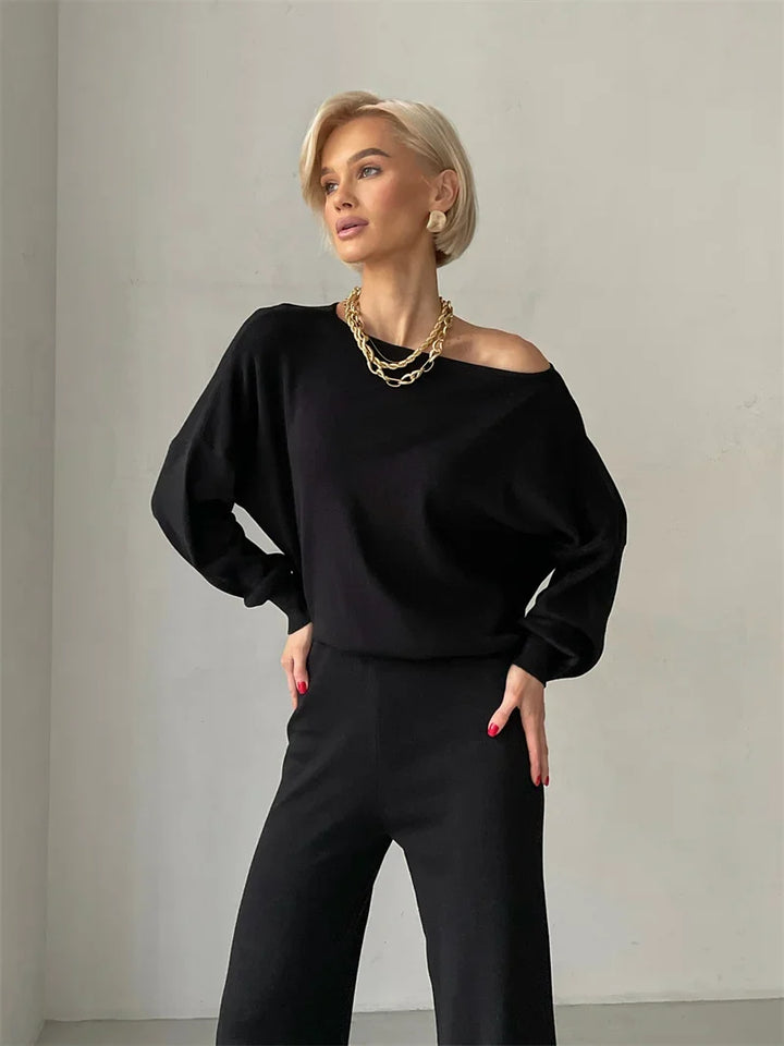 Off-Shoulder Loungewear Knit Set with Soft Flowing Fabric and Relaxed Fit in Camel