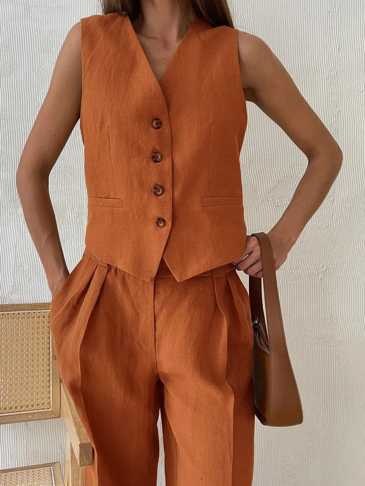 Linen Trouser Set with Buttoned Vest Top and Wide-Leg Pleated Trousers, Two-Piece Design