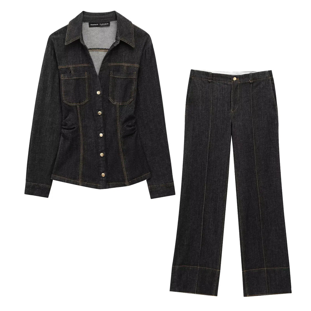 Denim Two-Piece Set with Tailored Button Jacket, Wide-Leg Pants, and Gold Hardware