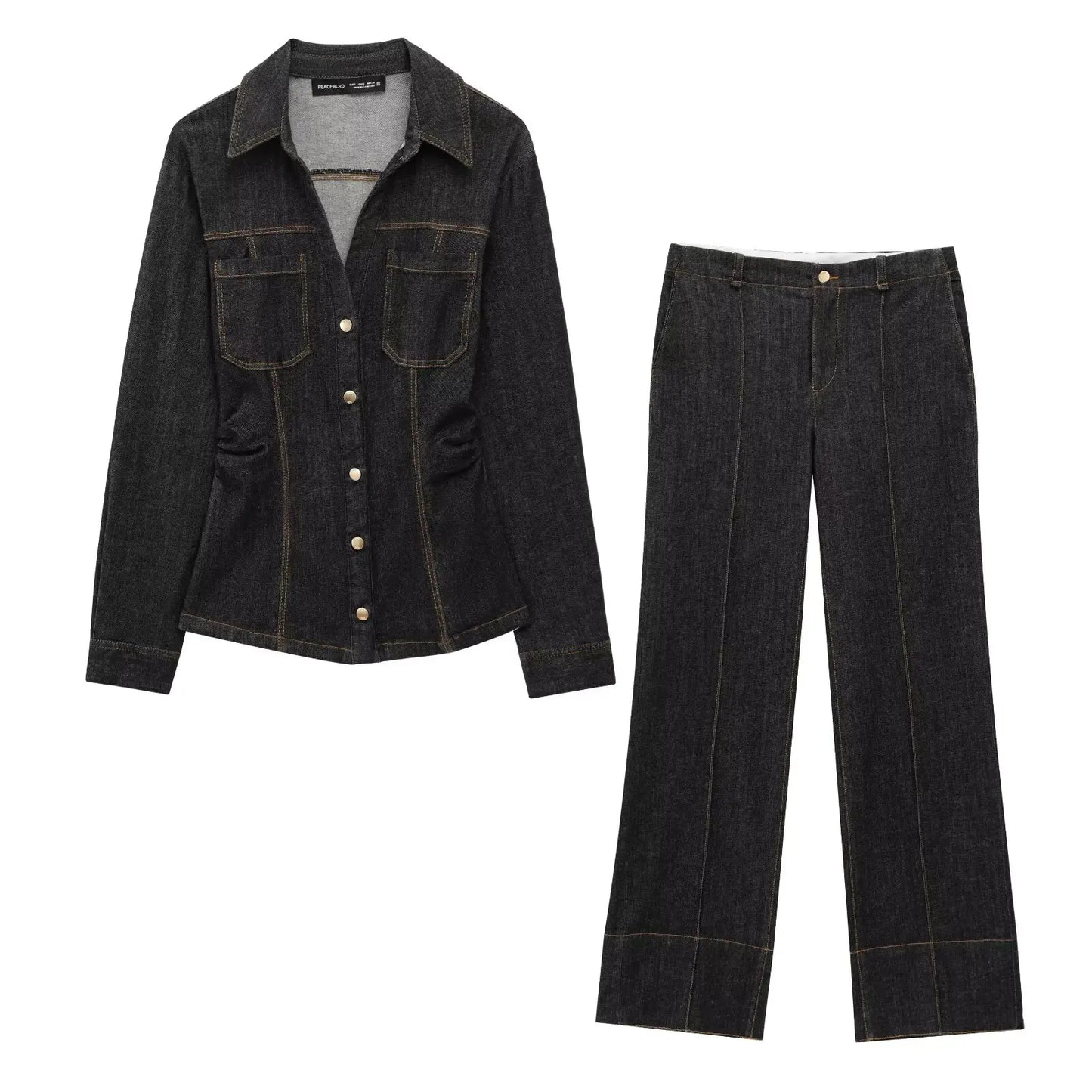 Denim Two-Piece Set with Tailored Button Jacket, Wide-Leg Pants, and Gold Hardware