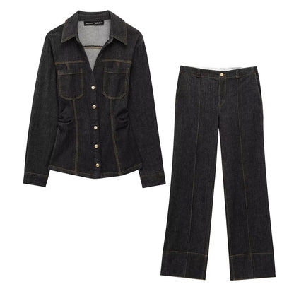Denim Two-Piece Set with Tailored Button Jacket, Wide-Leg Pants, and Gold Hardware
