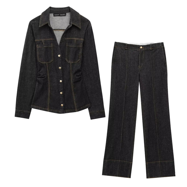 Denim Two-Piece Set with Tailored Button Jacket, Wide-Leg Pants, and Gold Hardware