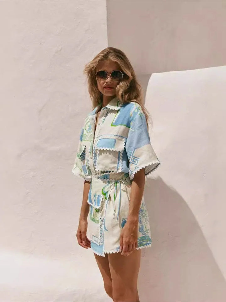 Cotton-Linen Blend Two-Piece Set with Wrap-Style Shorts and Scalloped Trim