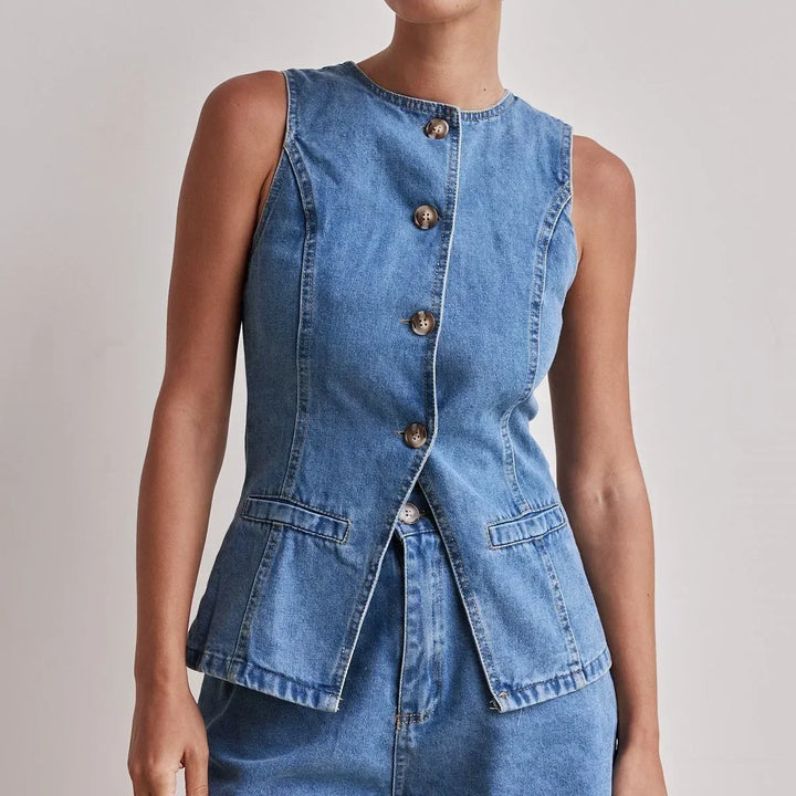 Denim Vest and Wide-Leg Shorts Set with Tortoise Buttons and High-Rise Cinched Waist