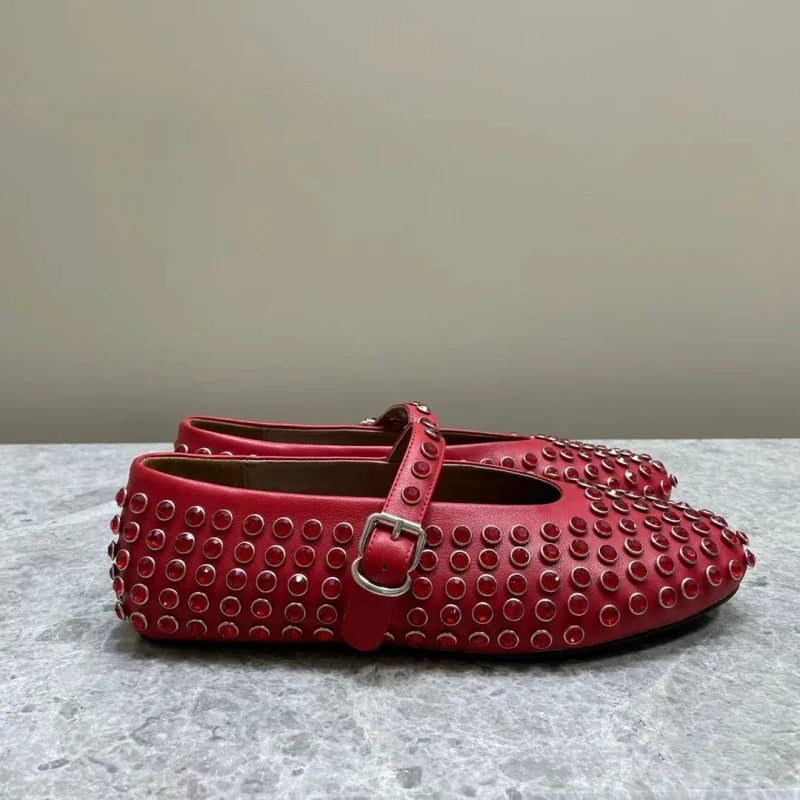 Mary Jane Flats with Crystal-Studded Leather Upper and Adjustable Ankle Strap