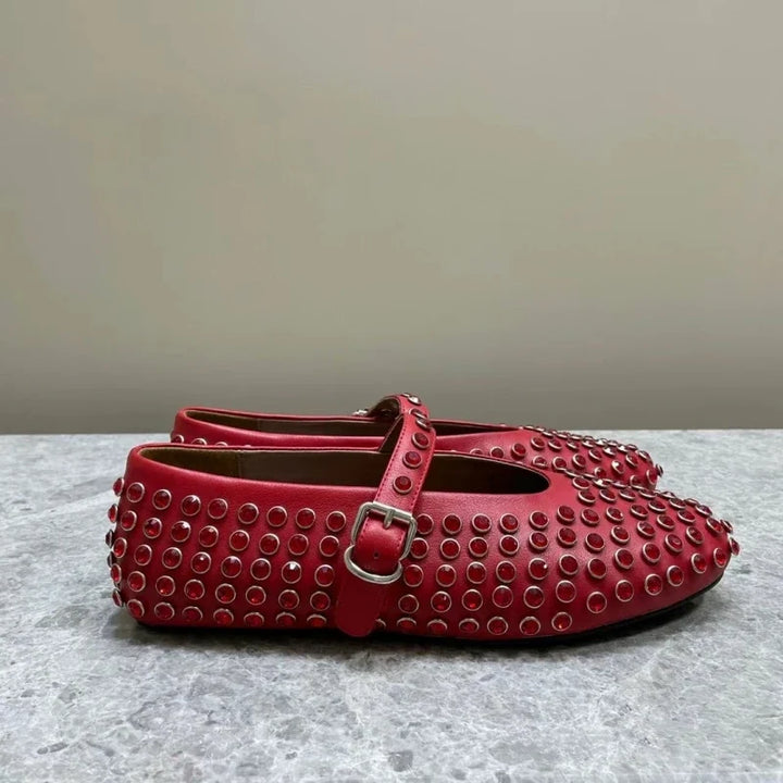 Mary Jane Flats with Crystal-Studded Leather Upper and Adjustable Ankle Strap
